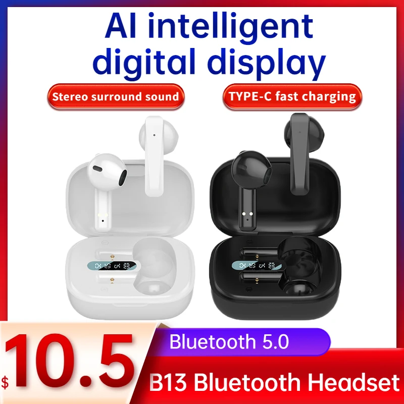 

B13 Wireless Bluetooth Headphones V5.0 Ai Smart Digital Display Waterproof Earphones In-Ear Noise Cancelling Headsets with Mic