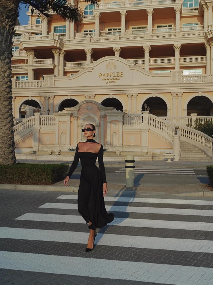 Ahagaga модные женские длинные платья однотонные тонкие открытые рукава без