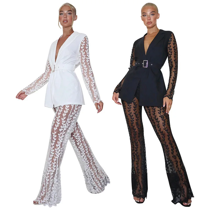 

Runway Women Solid Lace Patchwork Two Piece Sets Sexy V-neck Sashes Blazer High Waist Lace See Through Mesh Flared Pants Sets