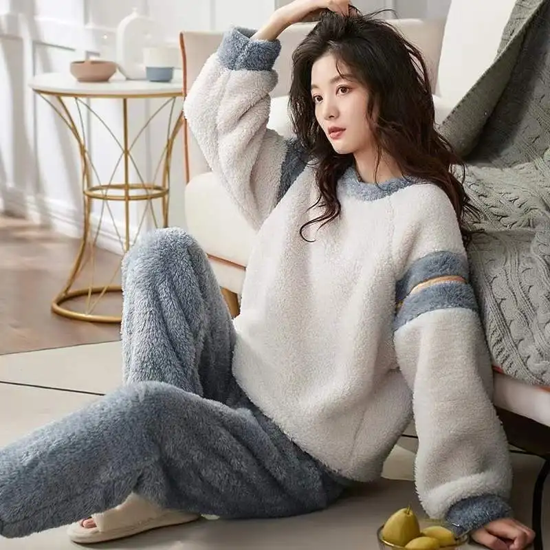 

Фланелевая одежда, домашняя пижама с воротником, Пижамный костюм, женские круглые комплекты, теплая бархатная Свободная Женская одежда для ...