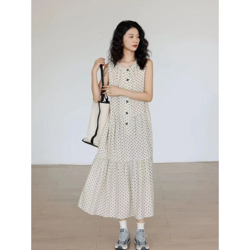 Французское длинное платье-жилет в горошек женское элегантное платье-майка с