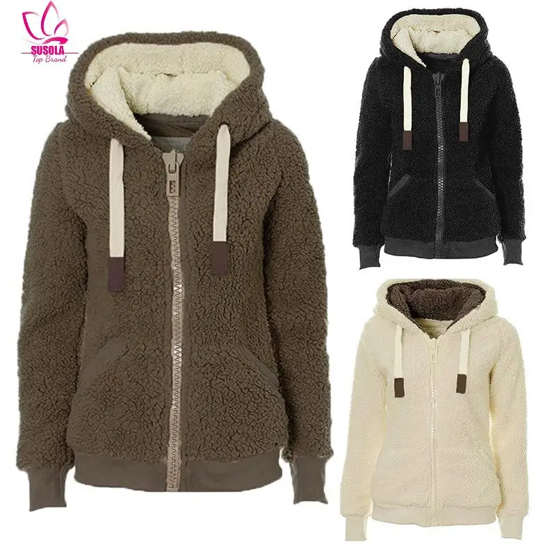 

SUSOLA Winter Fleece Sweater Fluffy Thick Hooded Warm Zipper Cardigan Women Winter Coat Sherpa Tops Cardigan Sweaters