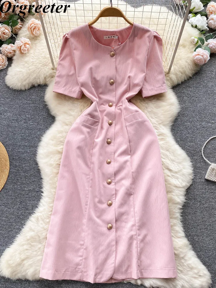 

Женское однобортное платье до колен, элегантное модное розовое платье с круглым вырезом и коротким рукавом на лето