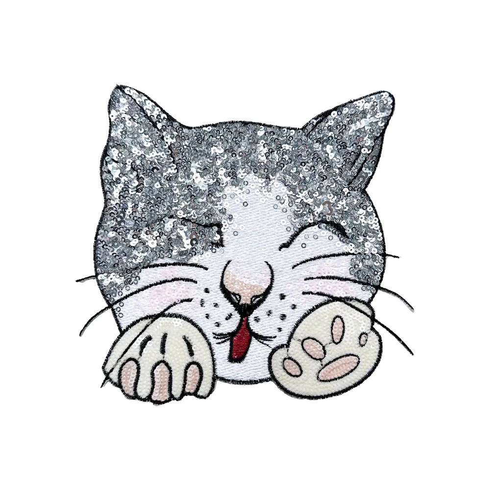 Серебряная нашивка с блестками и головой кошки стильное полиэстеровое