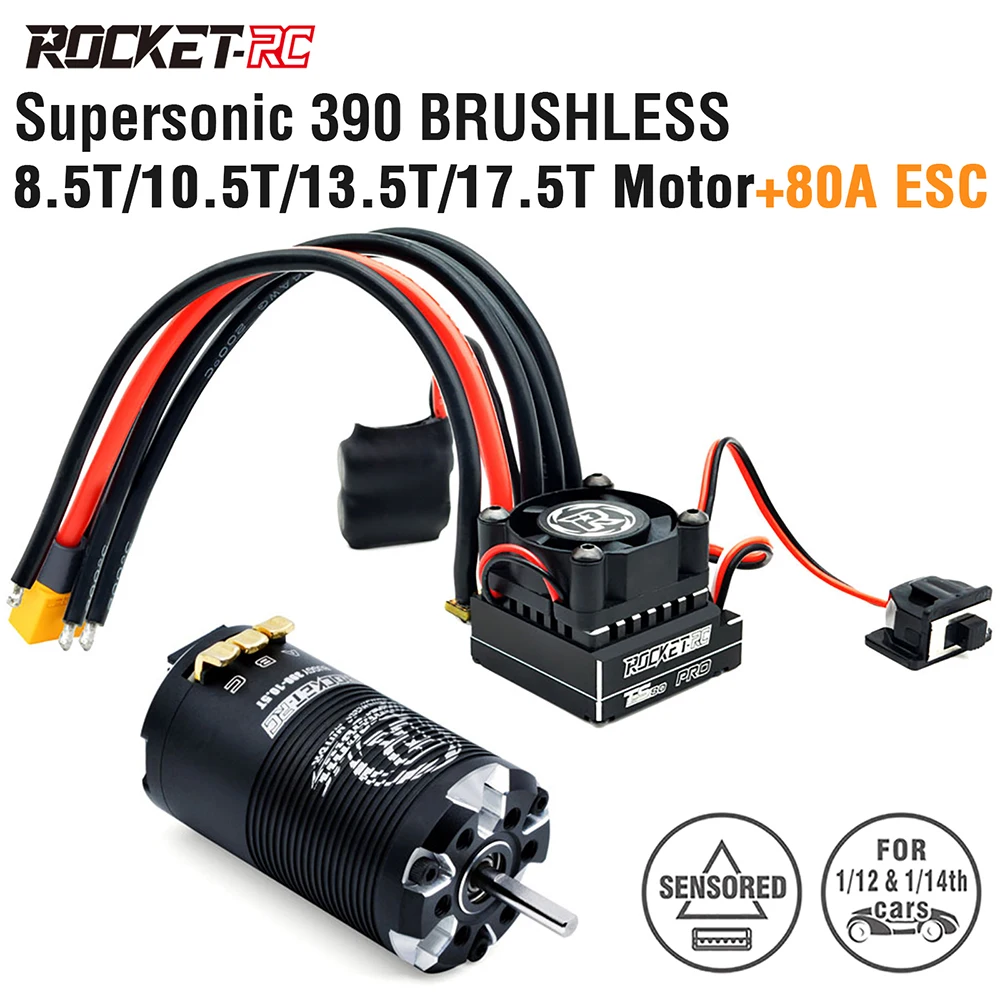 

Rocket-RC Supersonic 390 Sensored Brushless Motor and 80A ESC for 1/12 1/14 Crawler RC Car 8.5T 10.5T 13.5T 17.5T