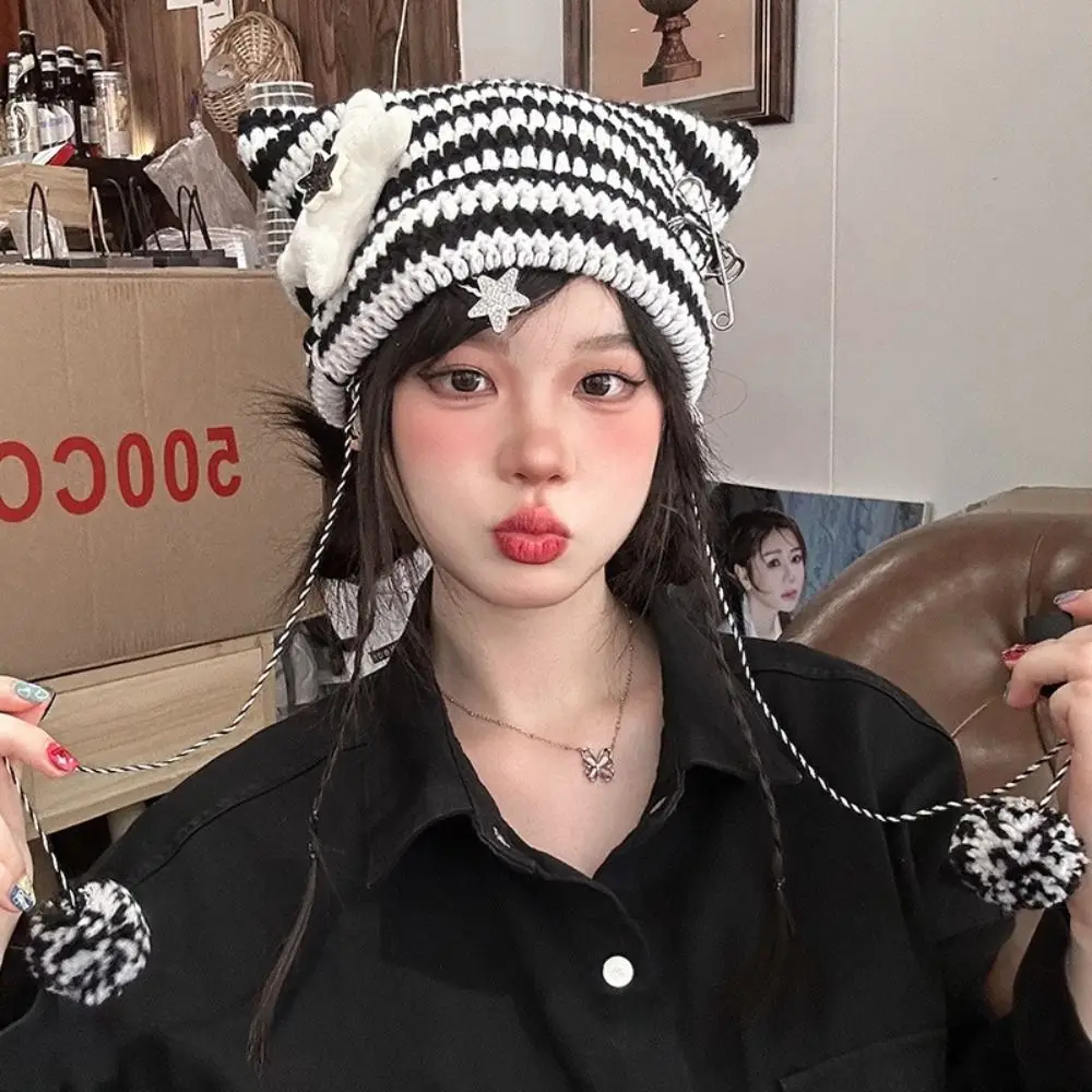 

Y2K Little Devil Cat Ear Hairball Beanies Hat Striped Knitted Cap Warm Girls Women's Hats Beanie Cap with Pompom