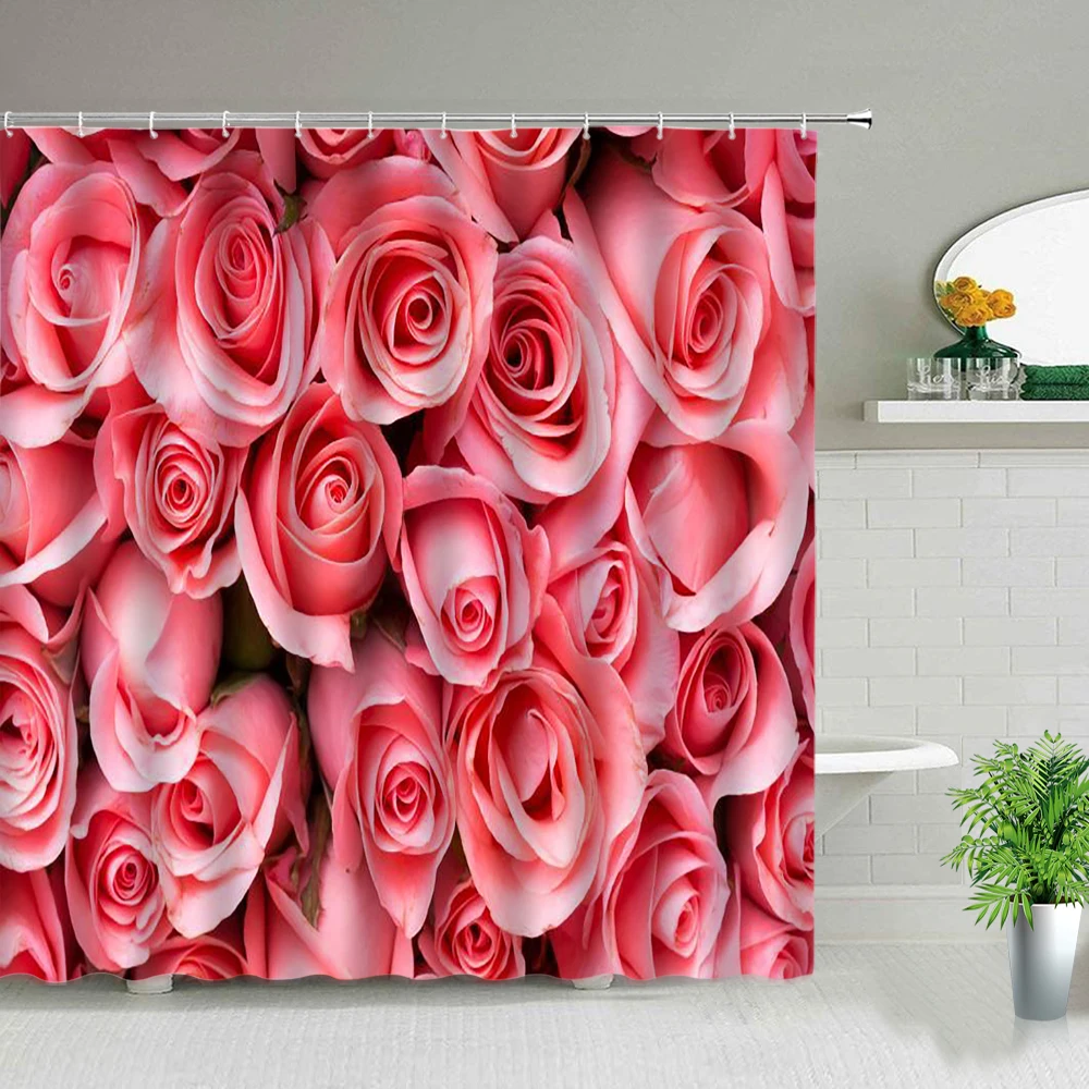 

Занавеска для душа с принтом розовых цветов и красных роз, водонепроницаемая фотозанавеска с крючком, аксессуары для декора ванной комнаты ...