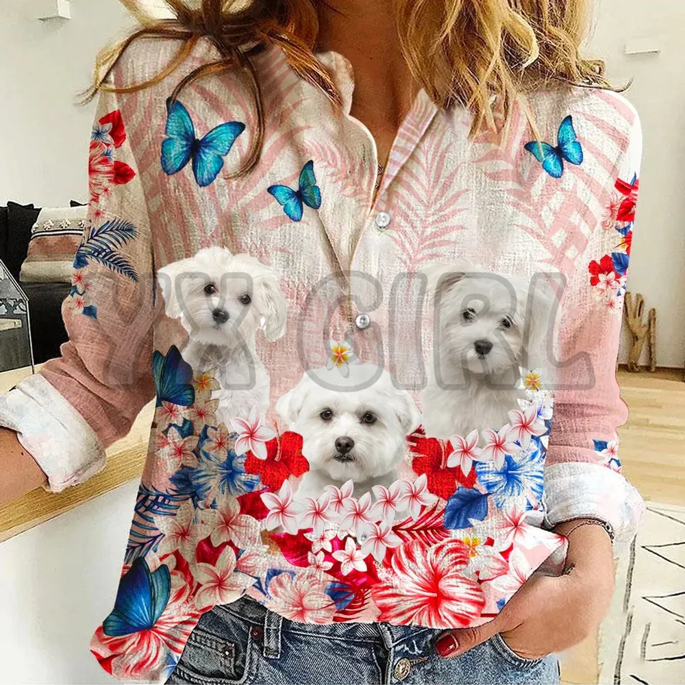 YX GIRL Maltese Floral Casual Shirt   3D Printed Button-down Shirt Casual Unique Streewear