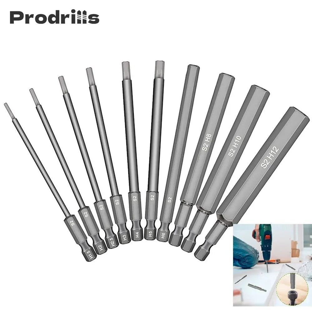 

10Pcs Magnetic Hex Head Screwdriver Bits 100mm 1/4" Hex Shank Allen Wrench Drill Bits Set M1.5-M12