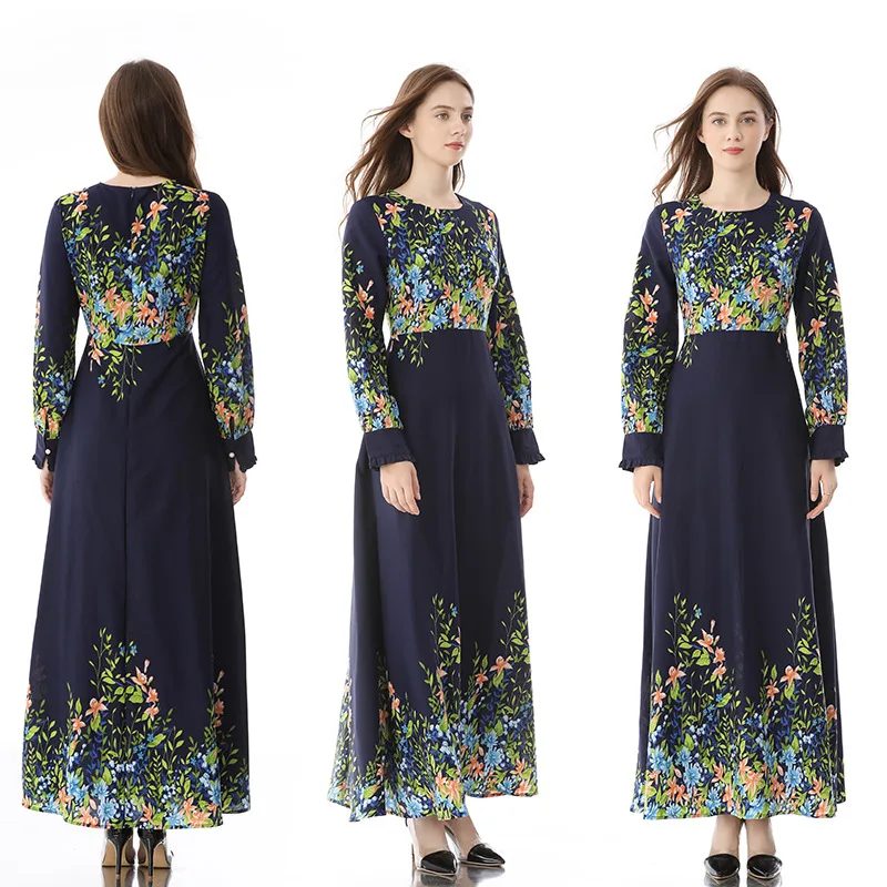 Kuftan макси платья Abayas для женщин турецкий цветочный принт длинный халат Рамадан Дубай 2021 одежда Рамадан мусульманский хиджаб платье