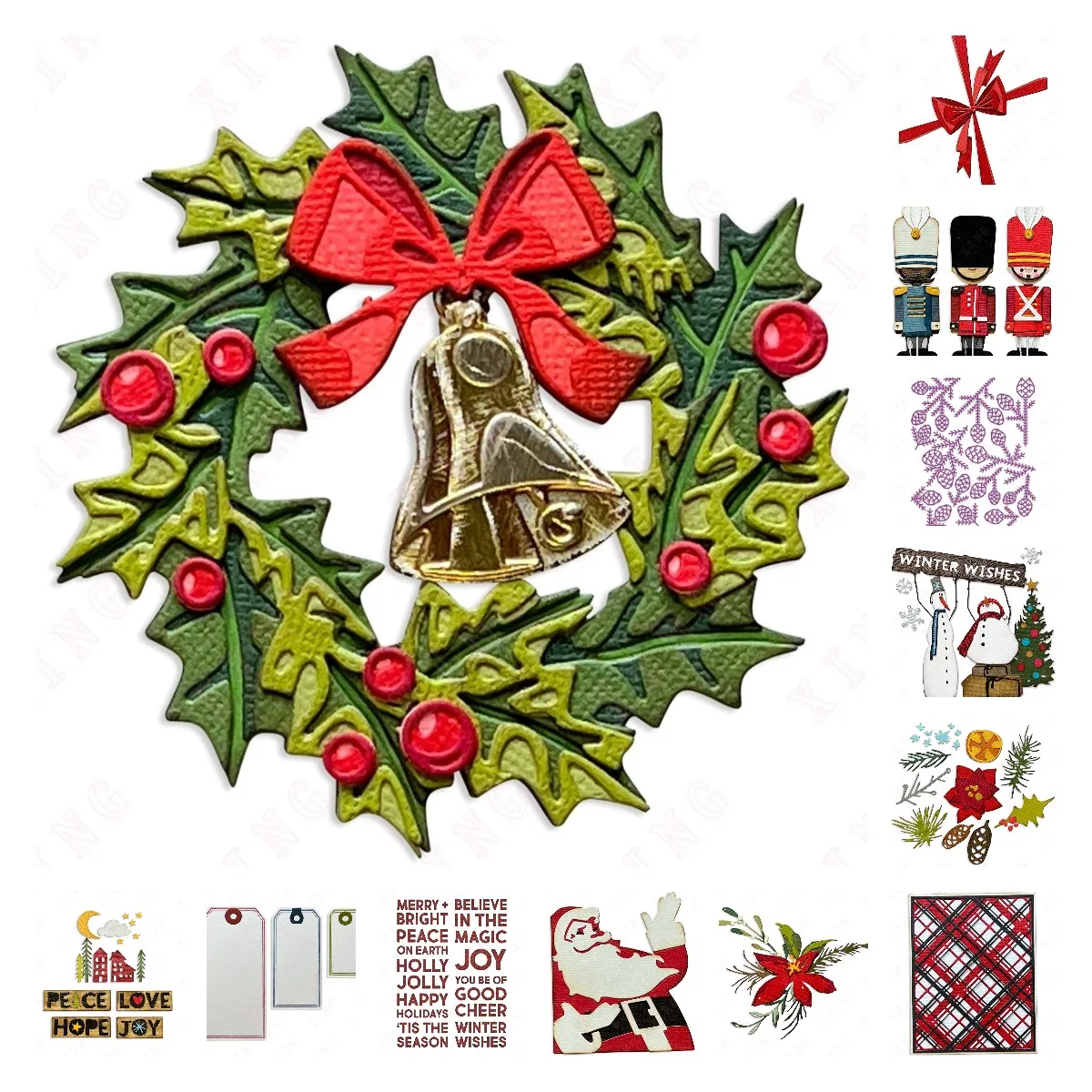 

2022 Scrapbook Christmas Decor New Metal Cutting Dies Yuletide Twig Santa Pine Patterns Festive Plaid Cutouts Bowtied Text Molds