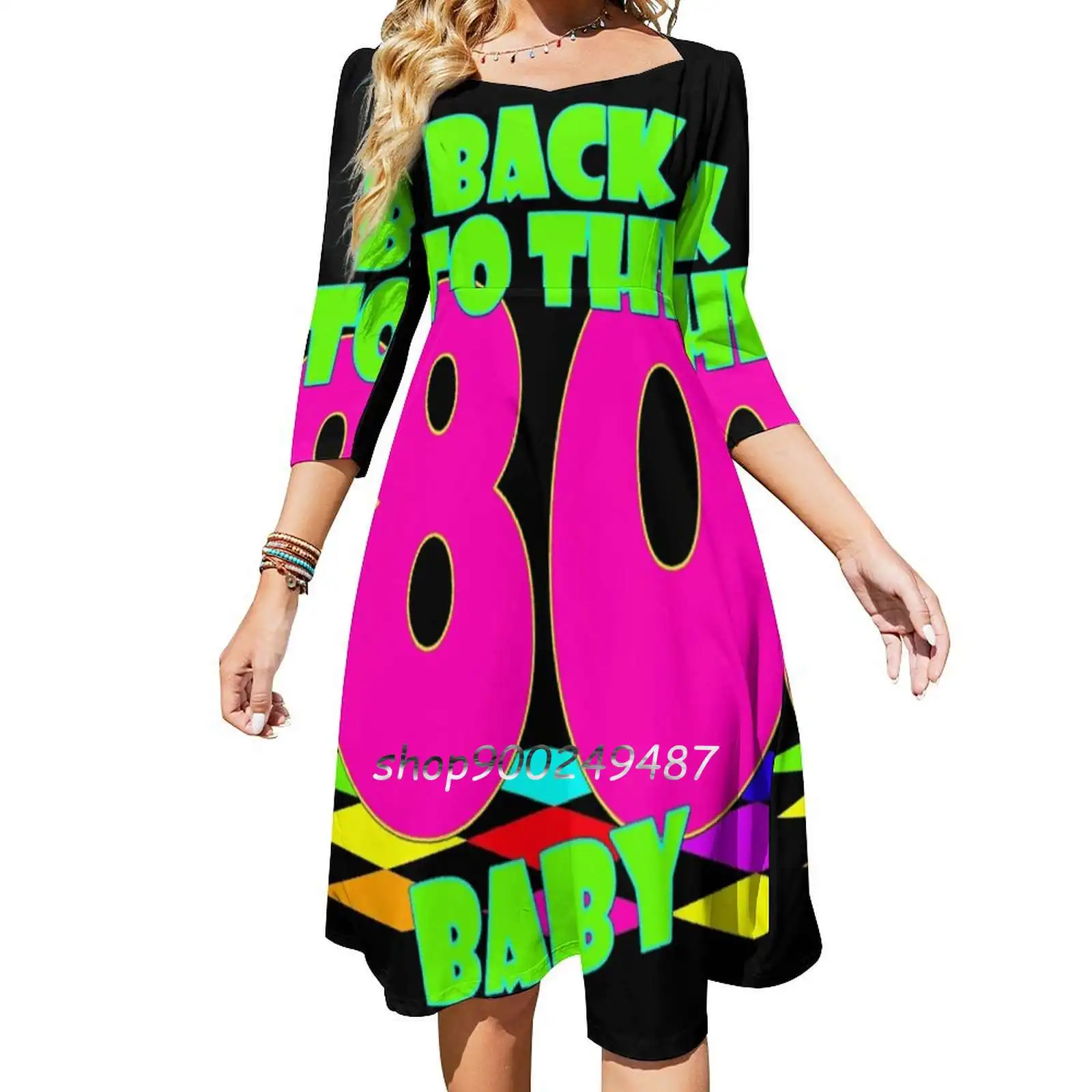 

Back To The 80'S Square Neck Dress Sweet Summer Dress Women Elegant Halter Print Dress Back To The 80S 80S Eighties Pop Music