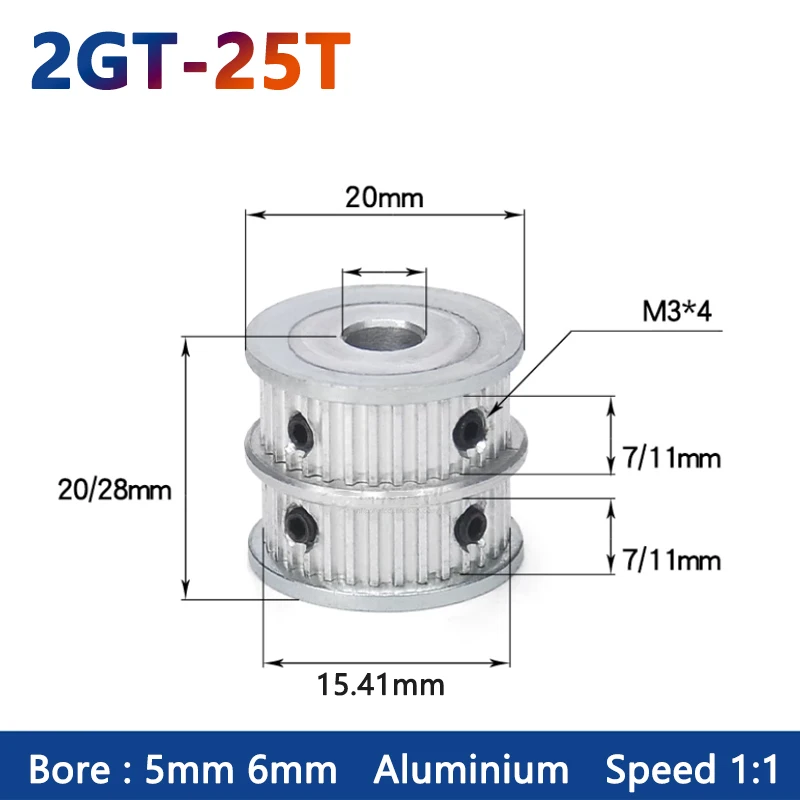 

1 шт., 1:1, 25 зубьев, 2GT, многоколесный шкив для тайминга для ремня шириной 6, 10 мм, 25 т, Двухрядное комбинированное синхронное колесо с отверстием 5, 6 мм