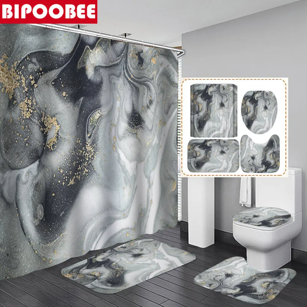 

Gray Marble Toilet Lid Cover Bath Mat Stone Grain Shower Curtain Bathroom Curtains Pedestal Rugs Non-slip Carpet Home Decor
