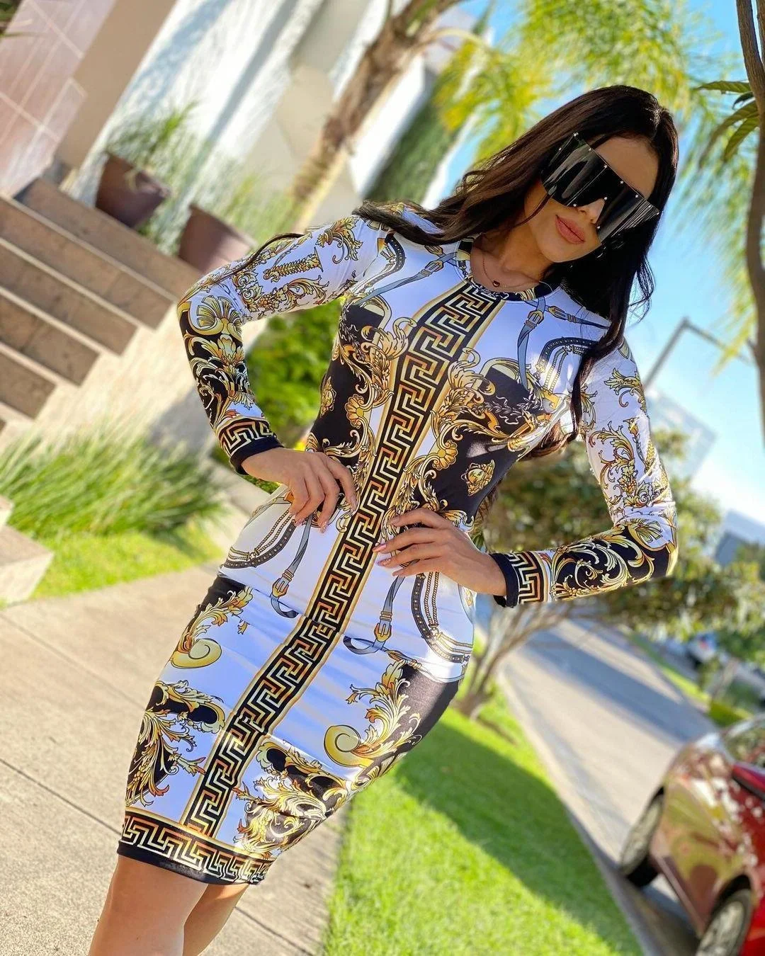 

Женское облегающее платье макси, Длинное Элегантное платье с винтажным принтом, разрезом, круглым вырезом и длинным рукавом, весна 2023