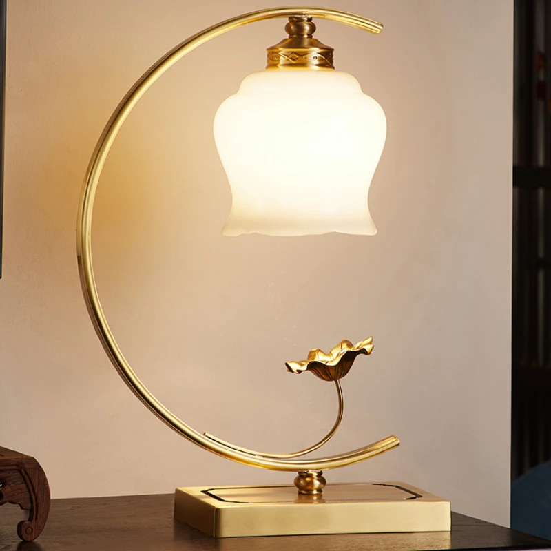 

New Chinese style all copper desk lamp Living room Bedroom bedside lamp Zen Chinese style retro study Office dimming LED
