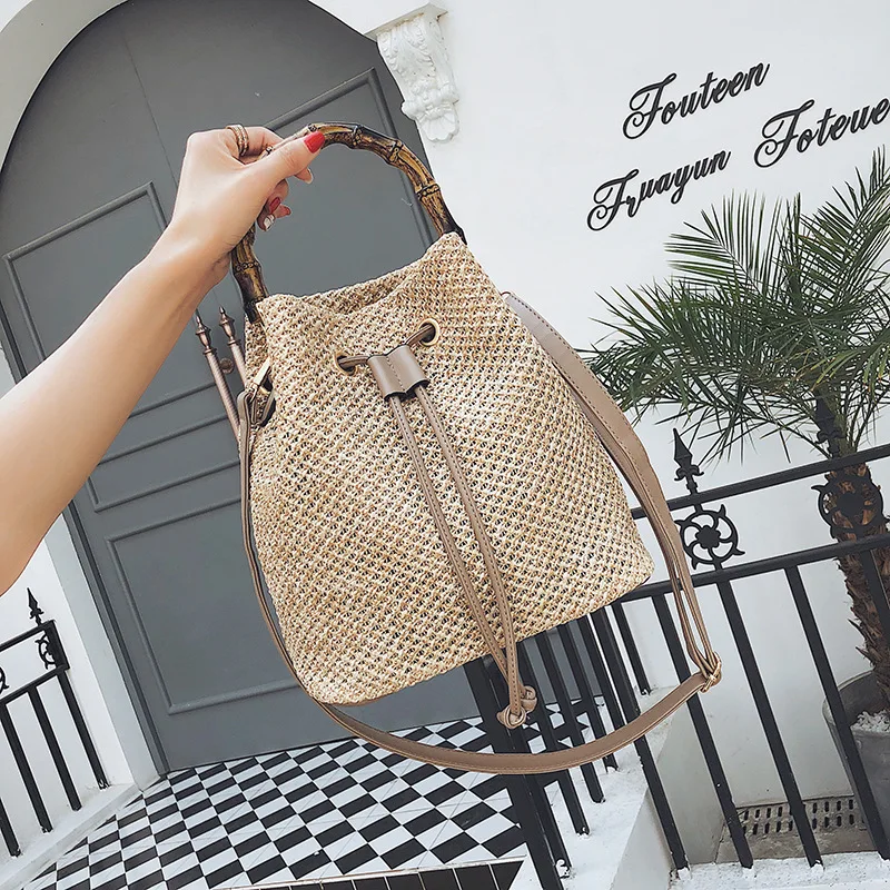 

Handmade Women Summer Beach Straw Bags Bucket Crossbody Shoulder Bags Female Rattan Messenger Bag Hard Top-handle Bag