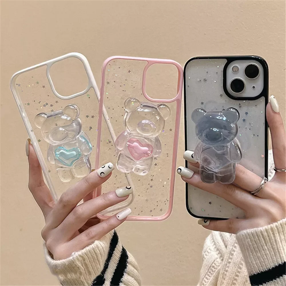 

Cartoon Cute Bear Holder Clear Case For iPhone 12 11 13 Pro Max XR XS X 7 8 Plus SE 2 Bling Glitter Color Star Sequins Cover