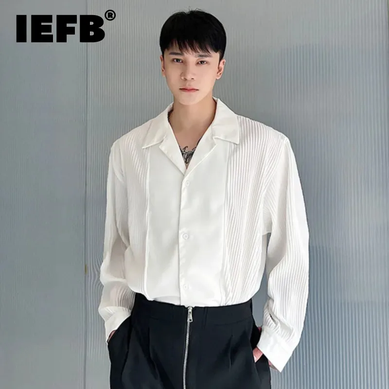 

IEFB Korean Style Shirts Trend Men's Clothing Spliced Pleating Long Sleeve Tops Fashion Cardigan Casual 2023 Male Lapel 9A4684