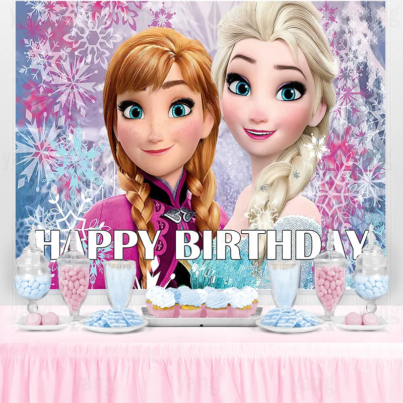 

Disney Cartoon Frozen Anna Elsa Girls Sister Photography Backdrop Custom Product Princess Birthday Photo Background