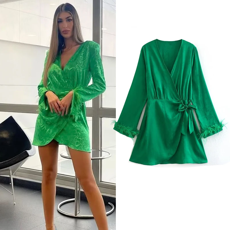 

Новое модное платье, новинка 2022, женское платье, элегантное приталенное женское платье с зелеными перьями, модное вечернее шикарное молодеж...