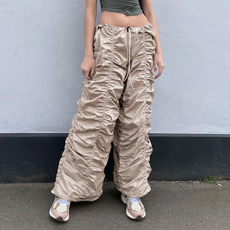 

Summer Fashion Loose Gothic Drawstring Elastic Low Rise Shirring Women Wide Lge Pants Baggy Trousers Y2k Joggers Straight Pants