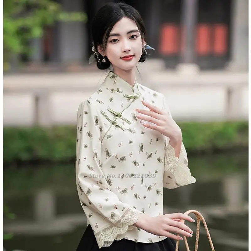 

2022 vintage floral print chinese tang suit women national qipao tops traditional hanfu tea service hanfu shirts retro blouse