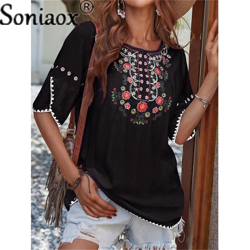 

Sexy Boho O Neck Patchwork Blouse Tops 2022 Summer New Women Short Sleeve Loose Casual Ethnic Style Printed T-Shirt Pullover