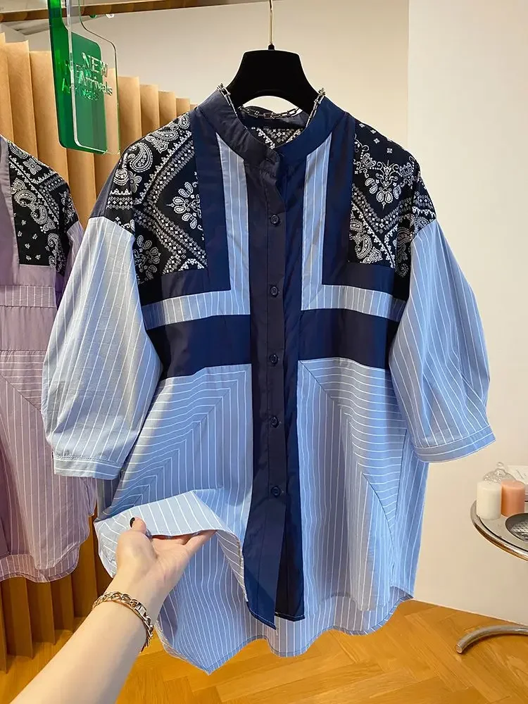 Женская рубашка в полоску с коротким рукавом Свободный Топ ретро стиле из хлопка