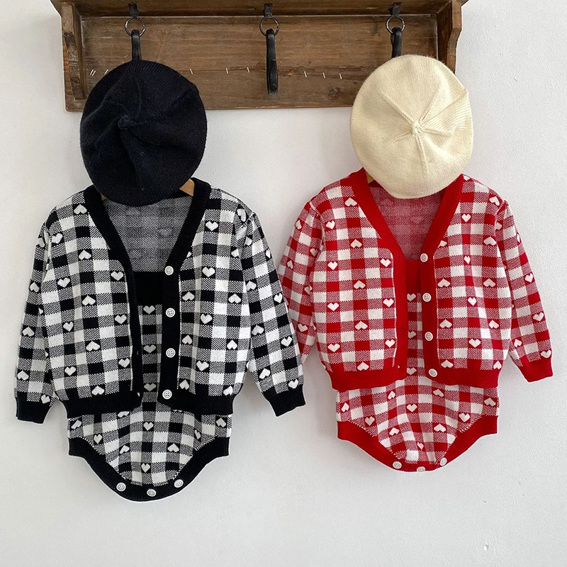 

Infant Kids Baby Girls Long Sleeve Love Knit Cardigan Coat + Rompers 2Pcs Clothing Sets Autumn Kids Baby Children's Clothes Suit