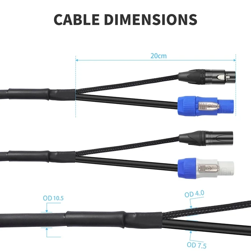 Фото Комбинированный кабель PowerCON DMX 1м, 2м, 3м, 5м, 7.6м, 3-контактный XLR и PowerCON, совместимый комбинированный кабель для подвижного осветительного оборудования. №2
