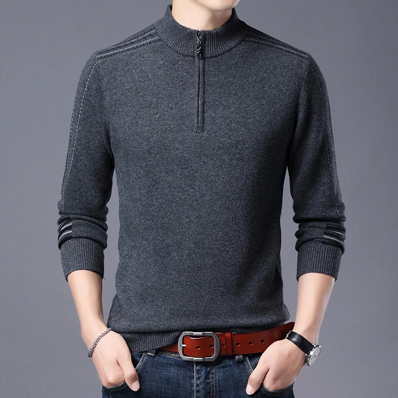 

and winter 100 Autumn pure wool Men's half high collar zipper cashmere Middle aged thickened bottomed sweater