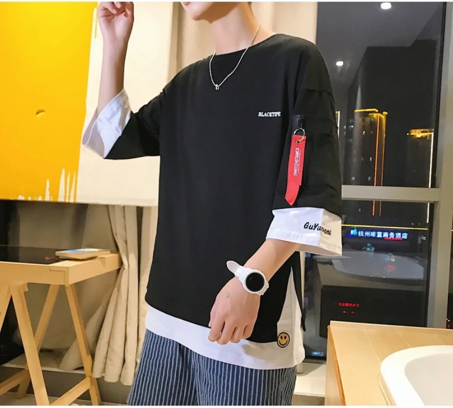 Однотонная Корейская одежда свободные черные футболки оверсайз мужской летний