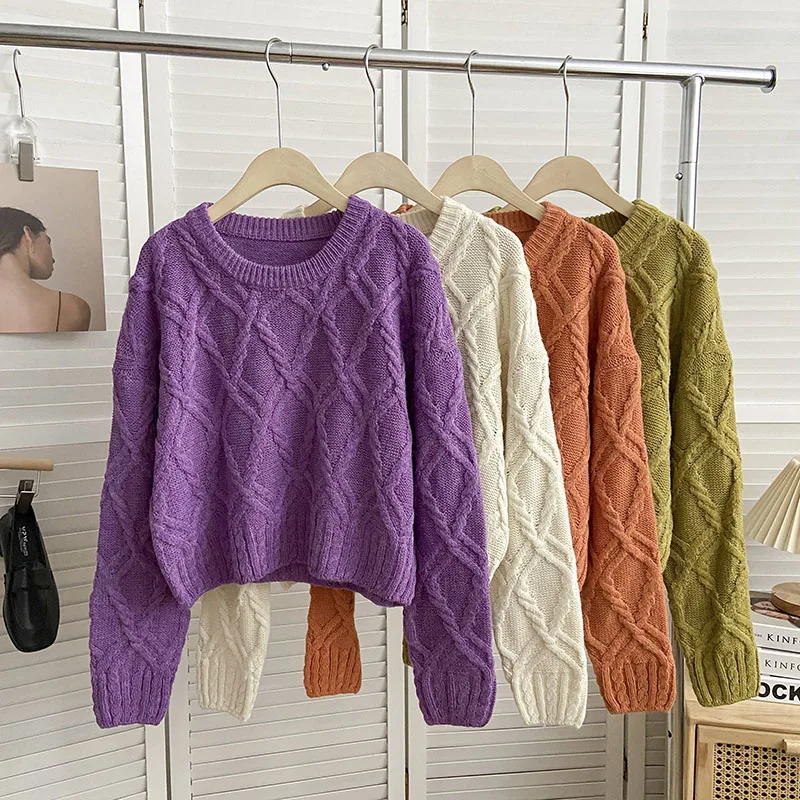 

Knitting Vintage Autumn Sweater Chic Korean Style Women O-Neck Sweaters Short Pullover Female Casual Ladies Clothes Dropshipping