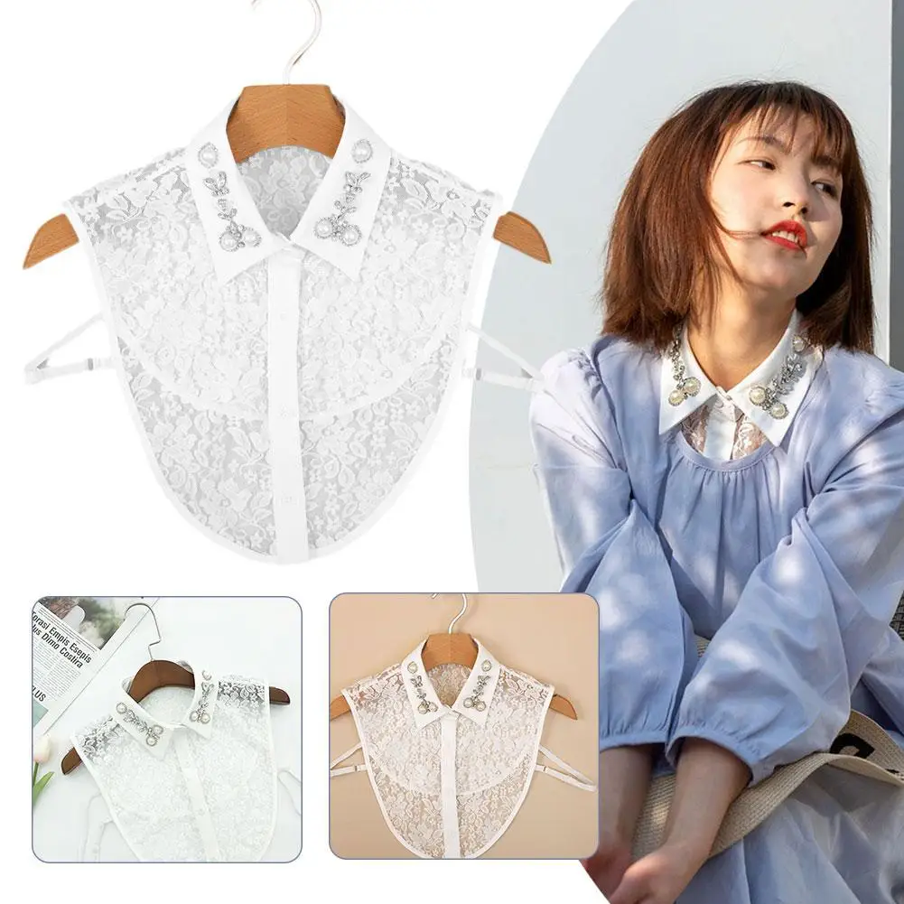 

Detachable Women Fake Shirt Collar Embrodery Lace Blouse Fake Collar With Crystals Peals Faux Collar Cuff Choker Accessories
