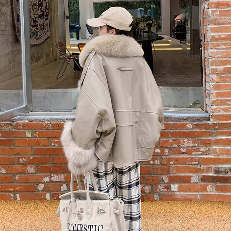 Women Leather Jackets Real Fox Fur Parka Coats Luxury Natural Fur Collar Sheepskin Overcoats 2022 Winter Warm Streetwear XM3644