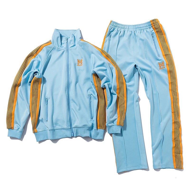 Good Quality Needles Classic Embroidery Butterfly Track Women Pants Orange Stripe Wide Hem Needles Fashion Suit Men Clothes