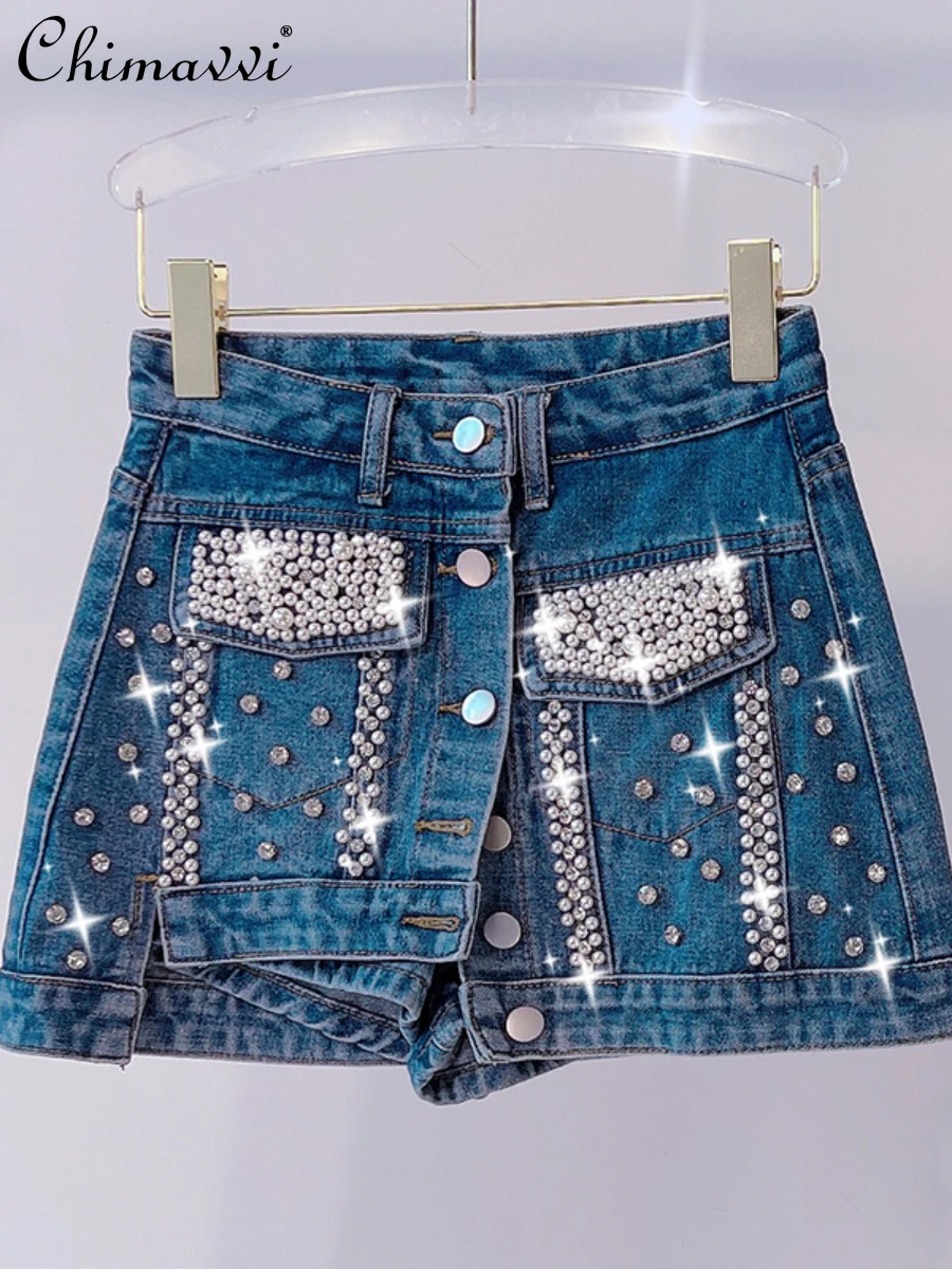 

Heavy Denim Skirt for Women 2022 Summer New Korean Style Fashion Heavy Beads High Waist Slim Irregular A- Line Short Pantskirt