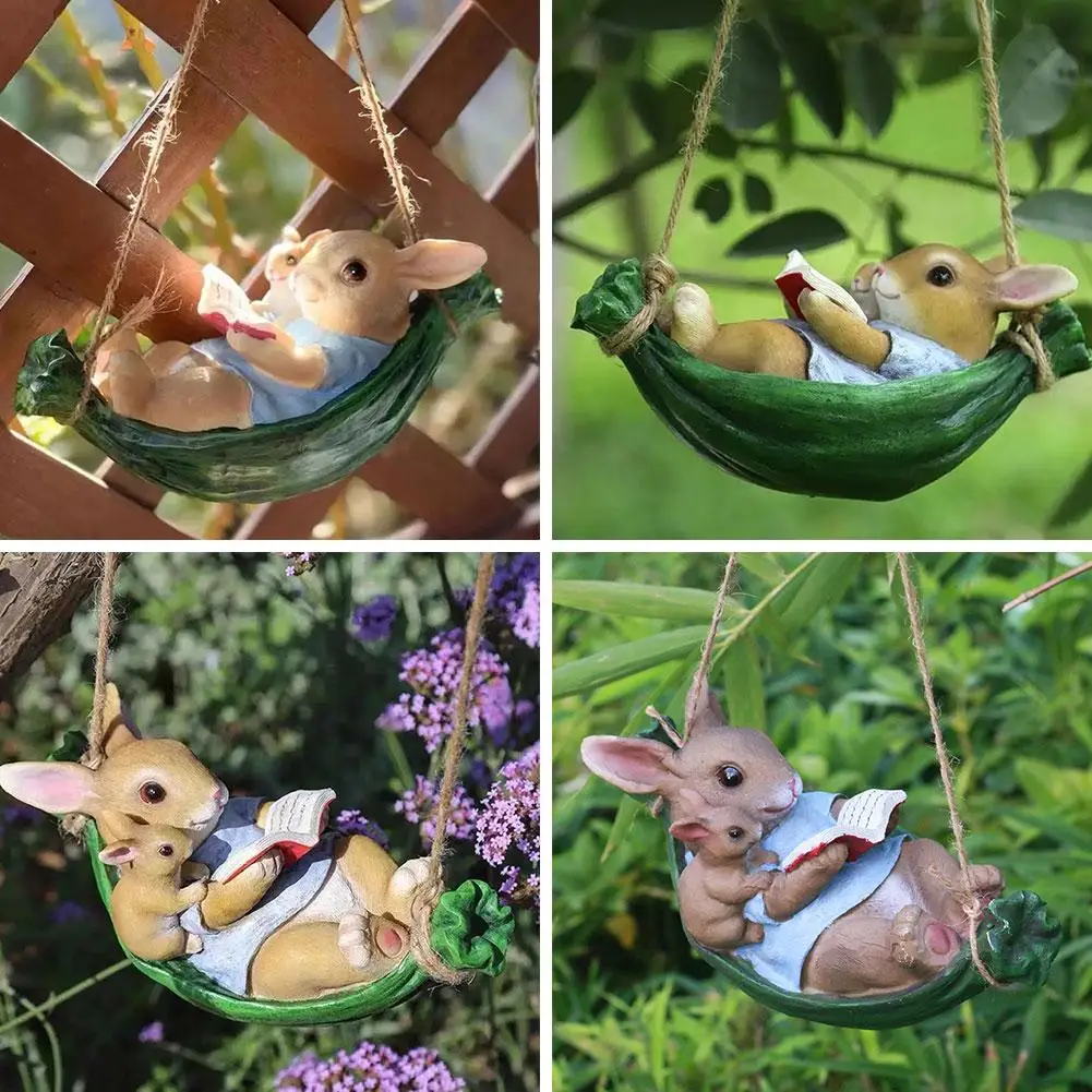 

Reading Rabbit Hanging Ornaments Balconies Tree Pendants Crafts Statues Gardening Animal Outdoor Decorative Sculptures Resi T6H9