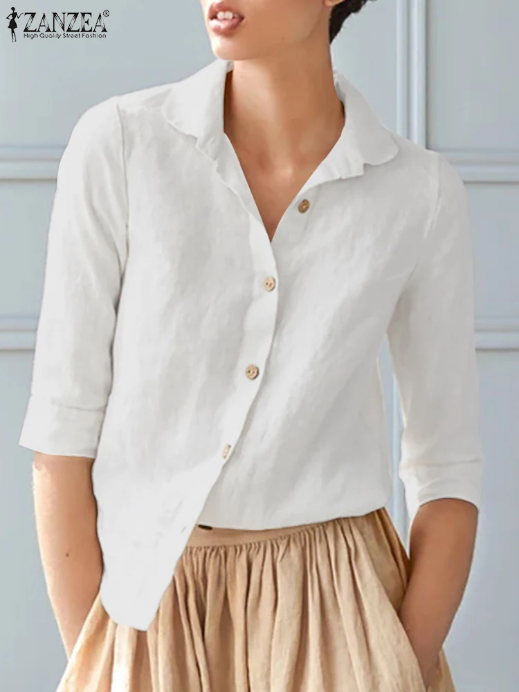 

ZANZEA Элегантная Женская Осенняя блузка однотонная офисная рубашка с воротником из органической кожи женские хлопковые топы туника на пугов...