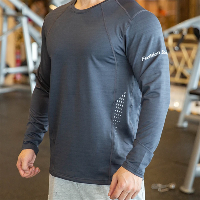 Men Fitness Quick Dry Thin Long Sleeve Tops Loose Sport T Shirts Compression Shrink Breathable Sweatshirt Gym Training Tight Tee