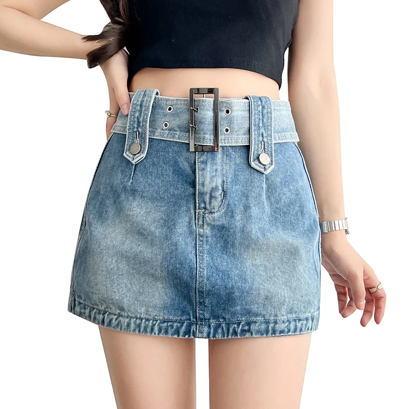 

Женская джинсовая мини-юбка с шортами, винтажная уличная одежда с широким поясом, джинсовые юбки, Женская облегающая пикантная мини-юбка на ...