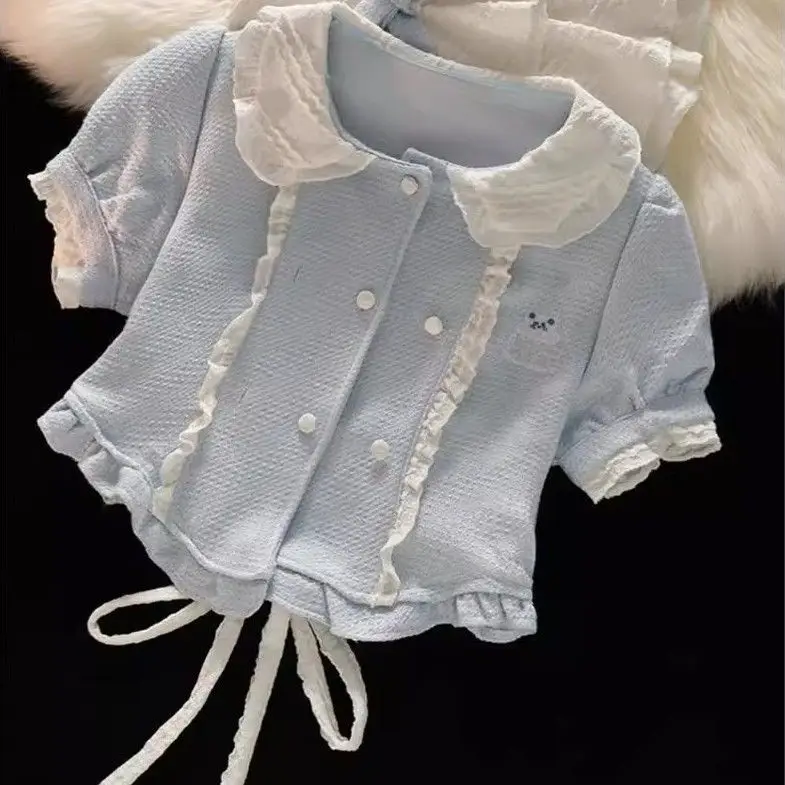 Милый топ с воротником Питера Пэна молочно-синего цвета короткими рукавами +