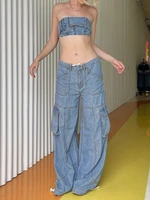 weiyao stitch pockets cargos drawstring low rise mom jeans baggy wide leg denim trousers women korean fashion streetwear pants
