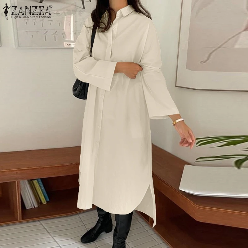 

Женское платье-рубашка большого размера, модное платье с отворотом, длинным рукавом, однотонный свободный сарафан, ZANZEA, повседневное, с разр...