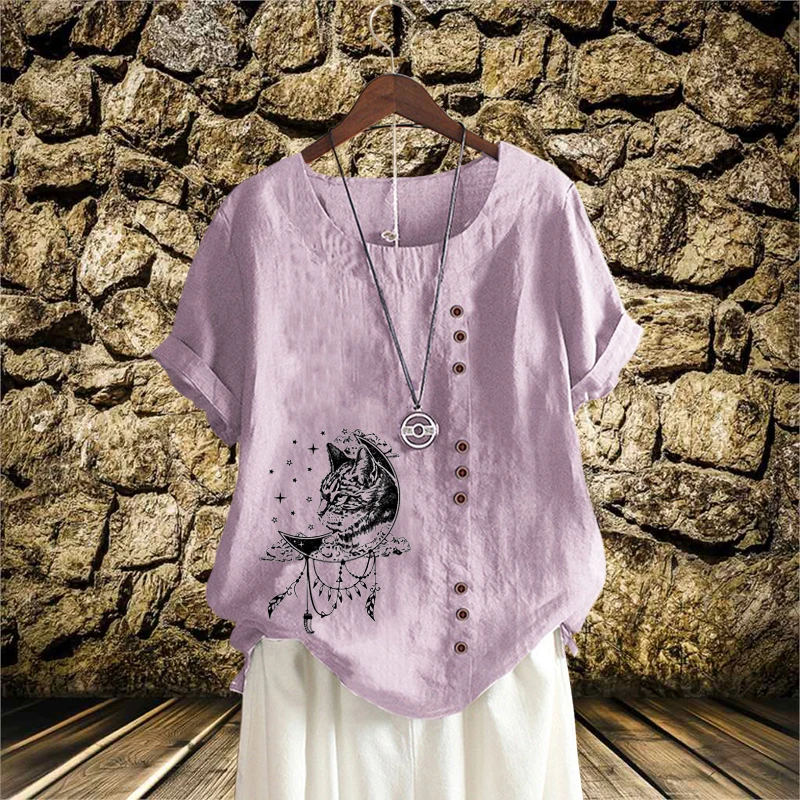 

Summer O Neck Short Sleeve Shirt Plus Size Vintage Cotton Linen Casual Loose T Shirt Pattern Print Top for Women XS-5XL