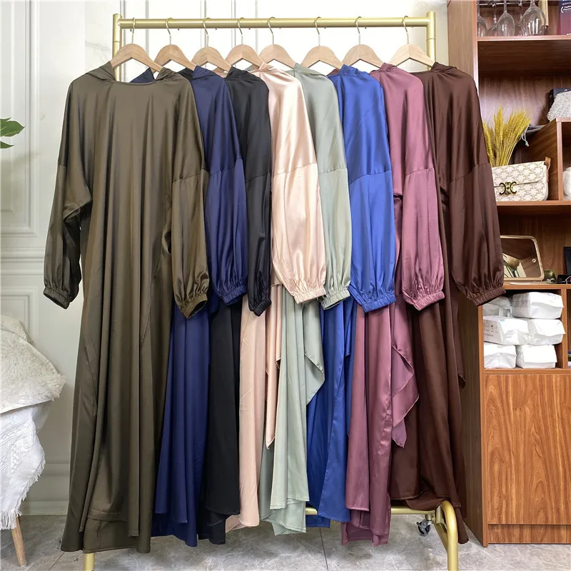 Hooded Muslim Satin Abaya Dubai Prayer Dress Loose Jilbab Turkey Abayas Dresses for Women Islamic Clothing Kaftan Robe Djellaba