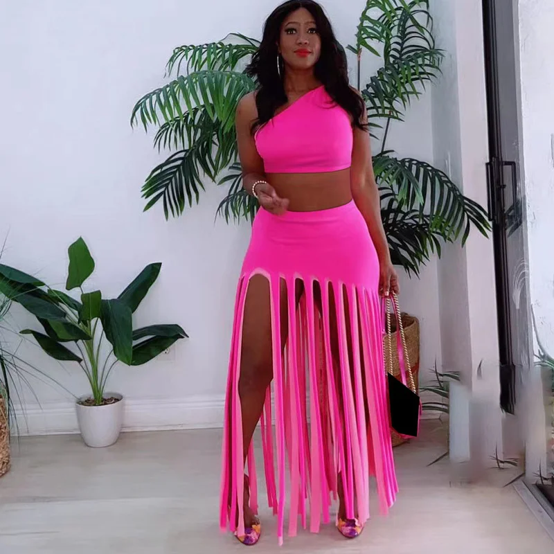 

WUHE Tassel Bodycon Maxi Long Midi Skirts Set for Women Summer Sexy Party Club Beach Crop Top Matching Two 2 Piece Set