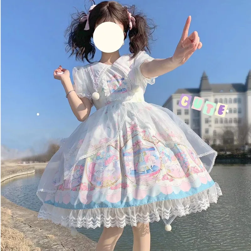 

Japanese Lolita Dress Women Kawaii Cute Print Dress Short Sleeve Princess Halloween Costume Gift for Girls