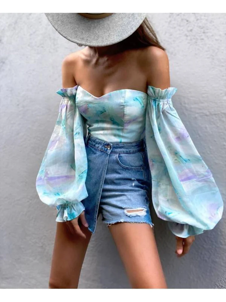 

Summer Fashion Sexy Off Shoulder Crop Tops Flower Printed T Shirts Chiffon Puff Sleeve Tops Women Blouse Skinny Streetwear